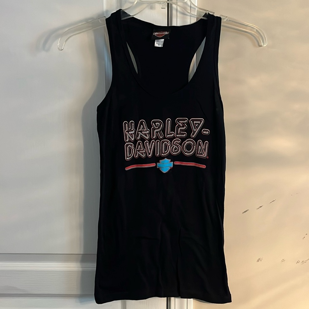 Harley-Davidson Black Tank Top with Pink and Light Blue Logo